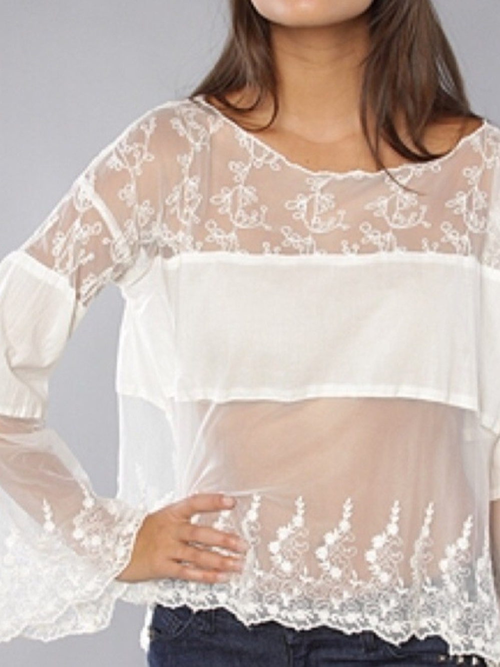Sheer Lace Overlay Blouse in White
